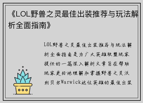 《LOL野兽之灵最佳出装推荐与玩法解析全面指南》